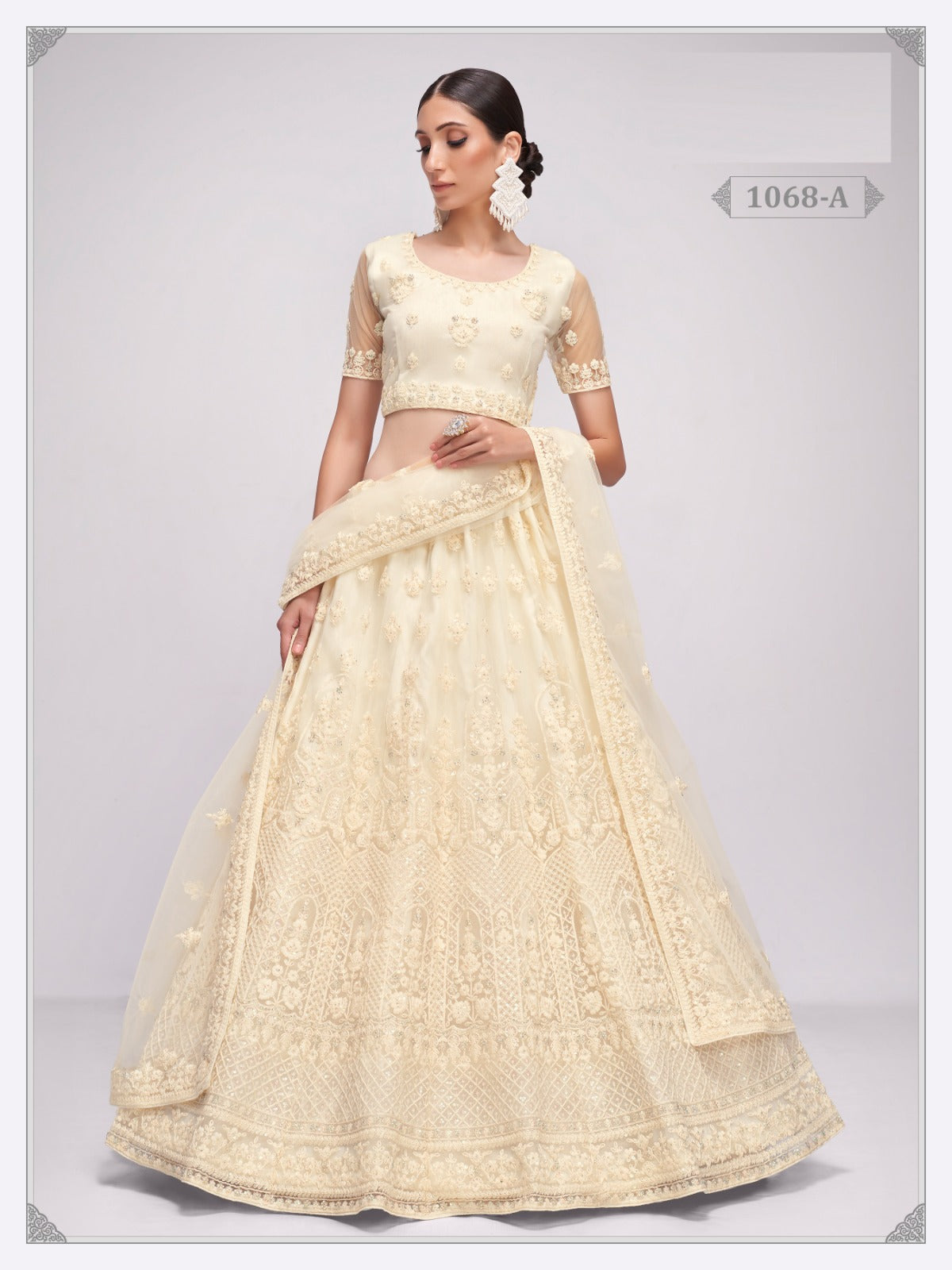 White Net Embroidery Semi Stitched Lehenga