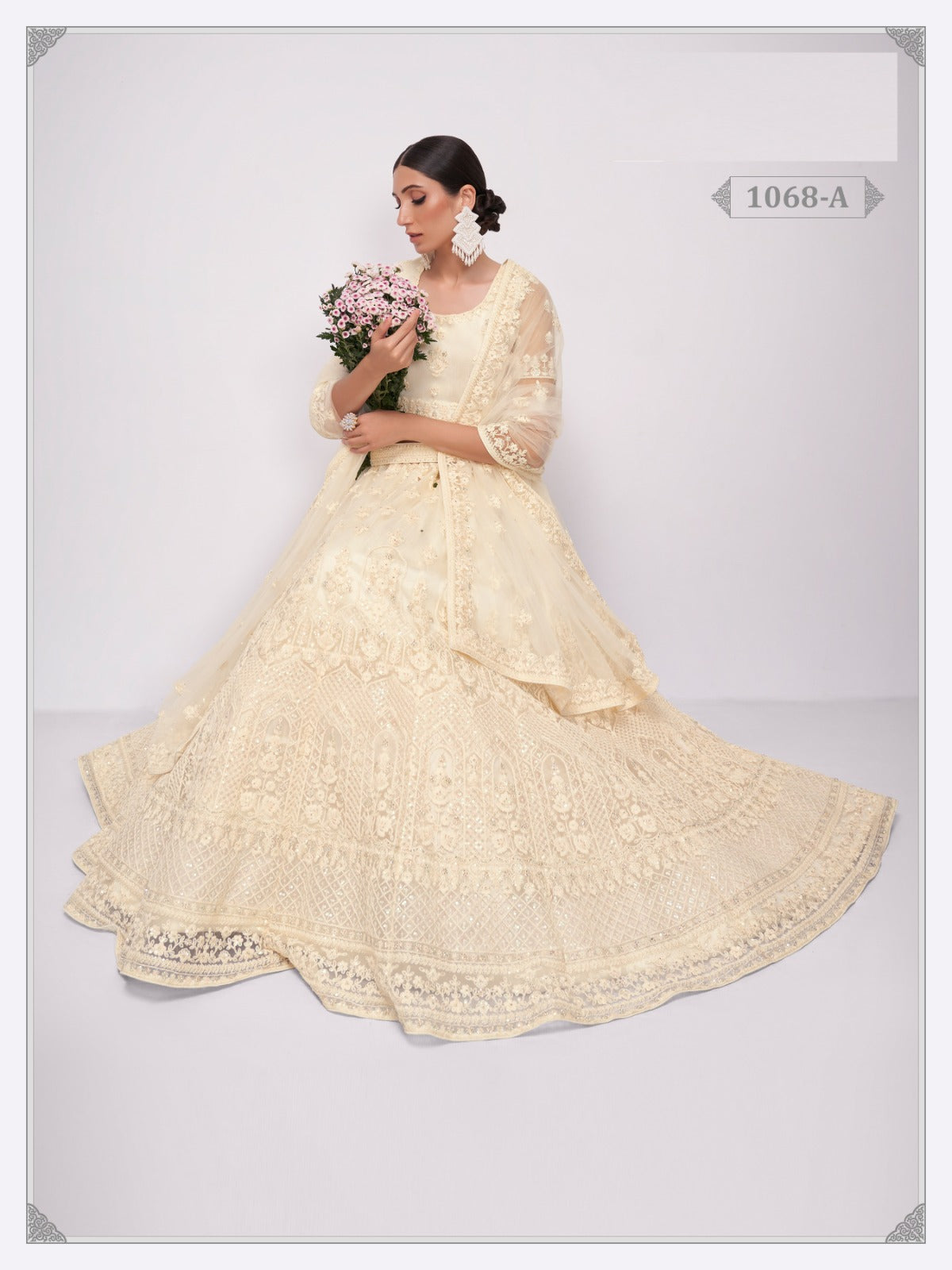 White Net Embroidery Semi Stitched Lehenga