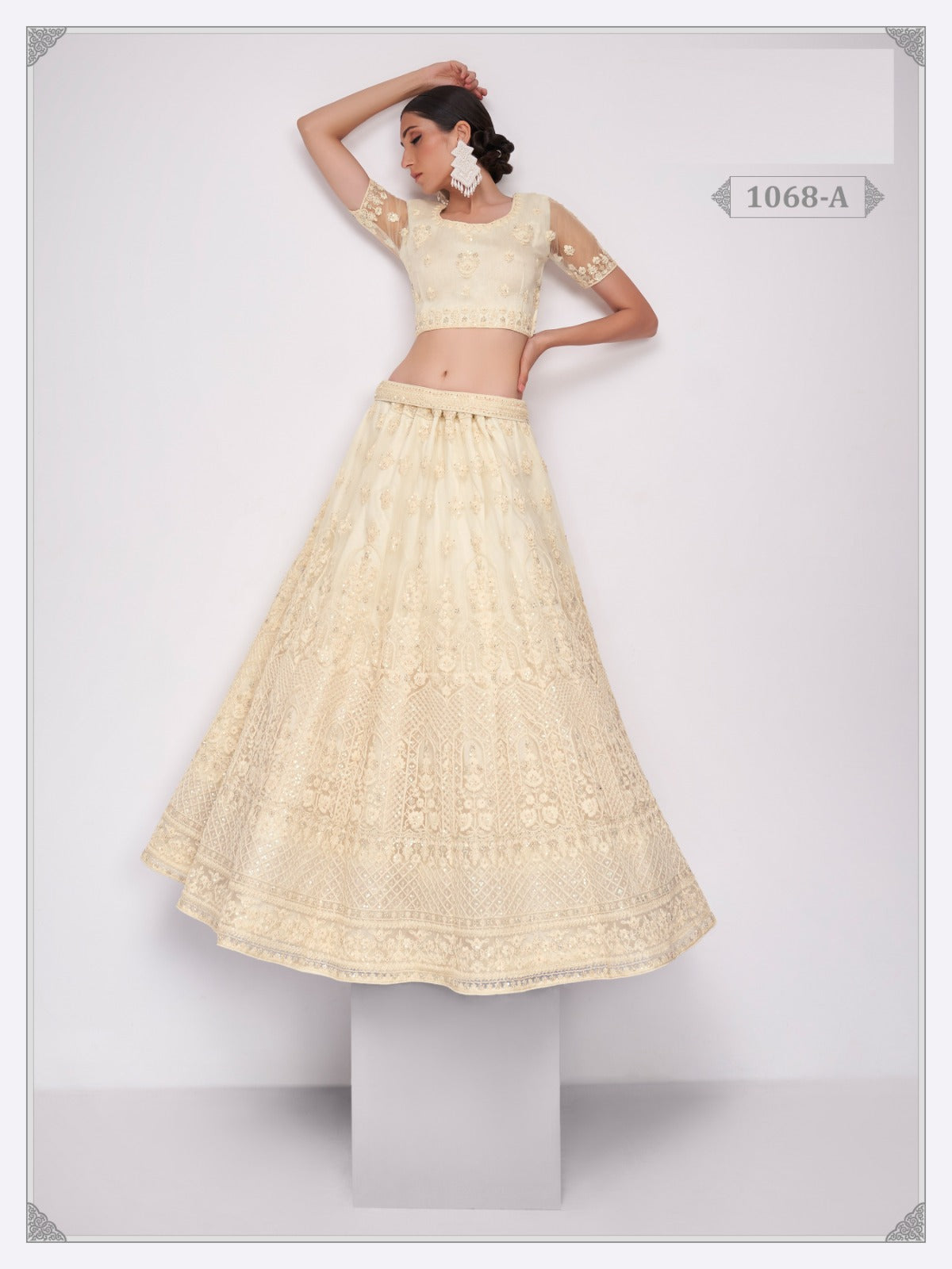 White Net Embroidery Semi Stitched Lehenga