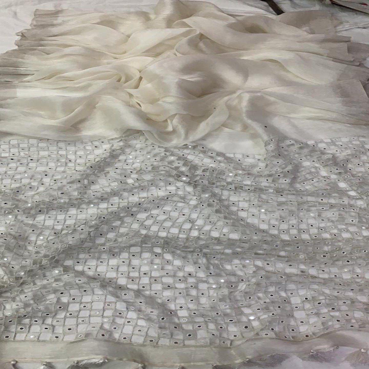 White Silk Linen Cutwork Saree ,Linen cutwork sarees, Linen saree with cutwork