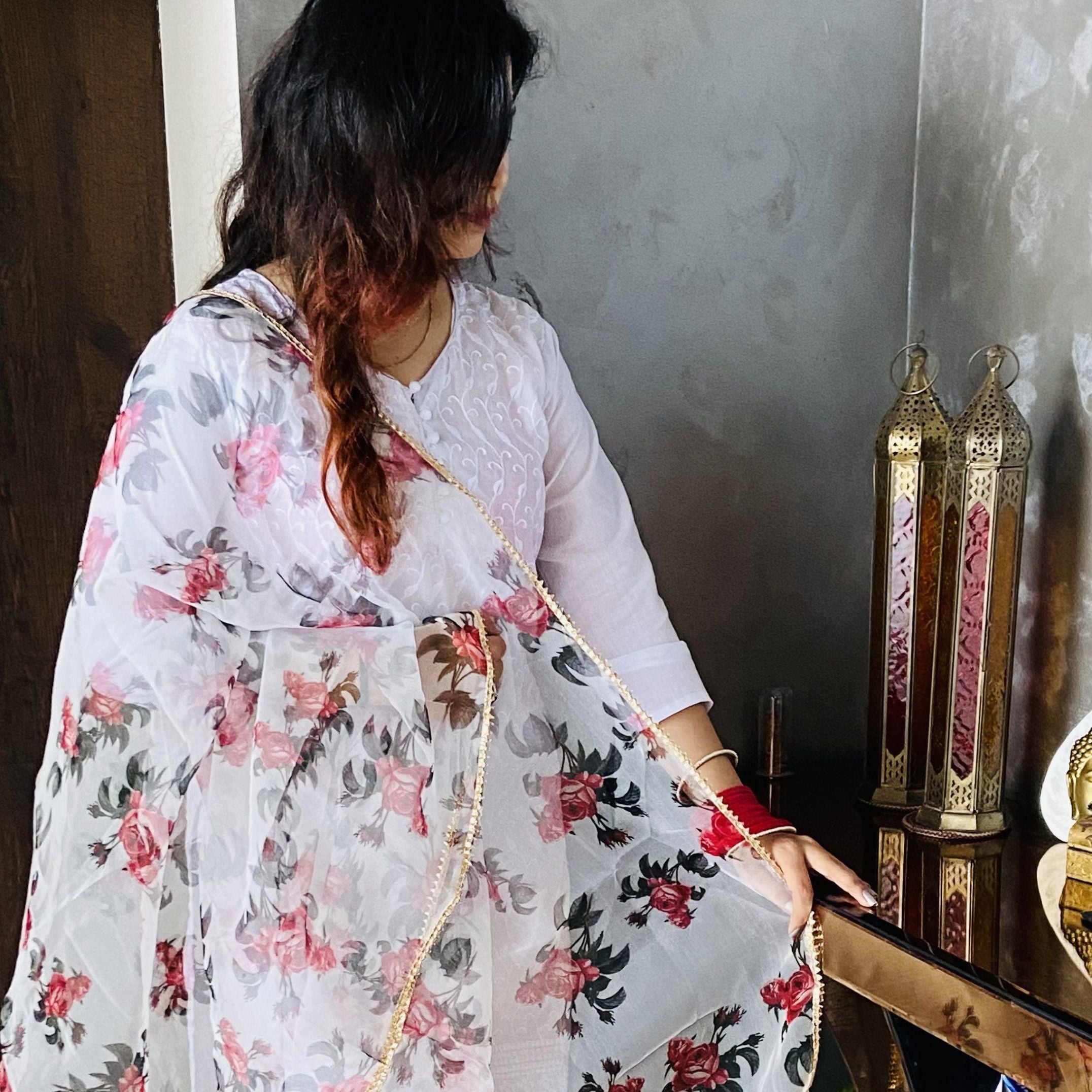 White and red Floral Organza Dupatta