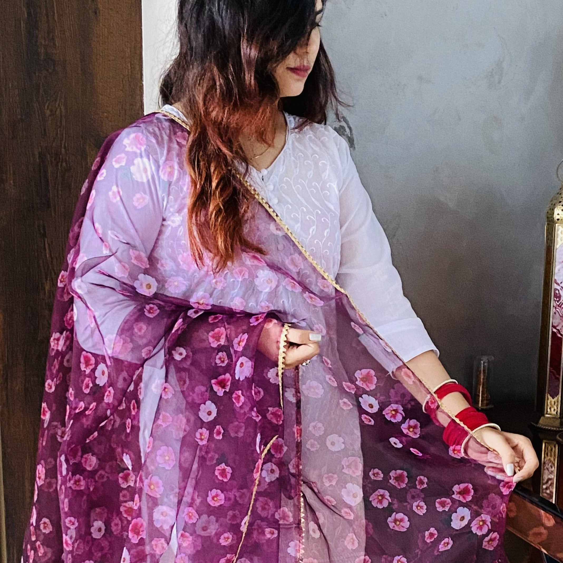 Wine Floral Organza Dupatta