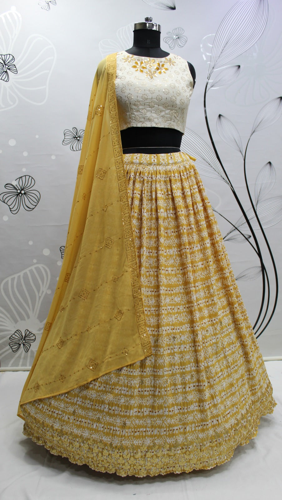 Yellow Art Silk Floral Lehenga