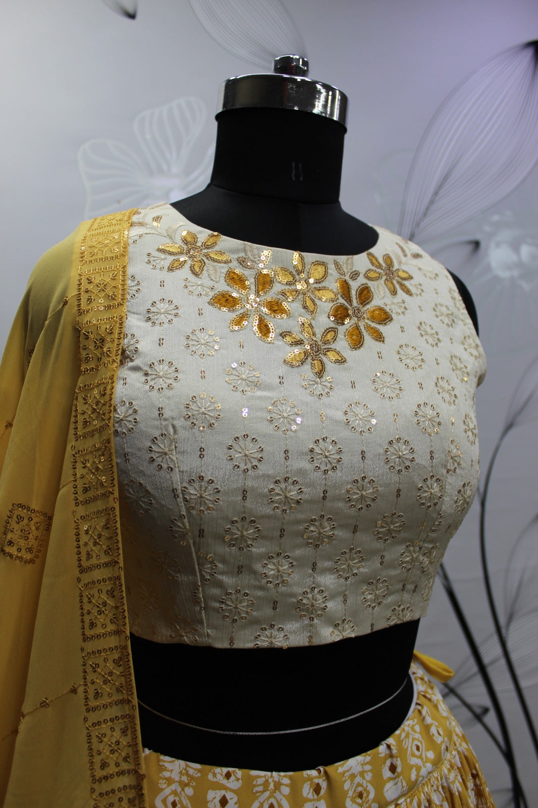 Yellow Art Silk Floral Lehenga