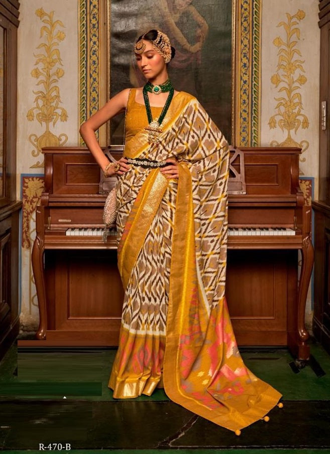 Yellow Patola Silk Saree With Zari Border