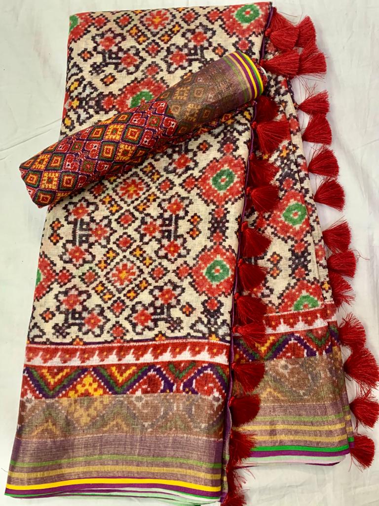 White Linen Saree With Patola Print