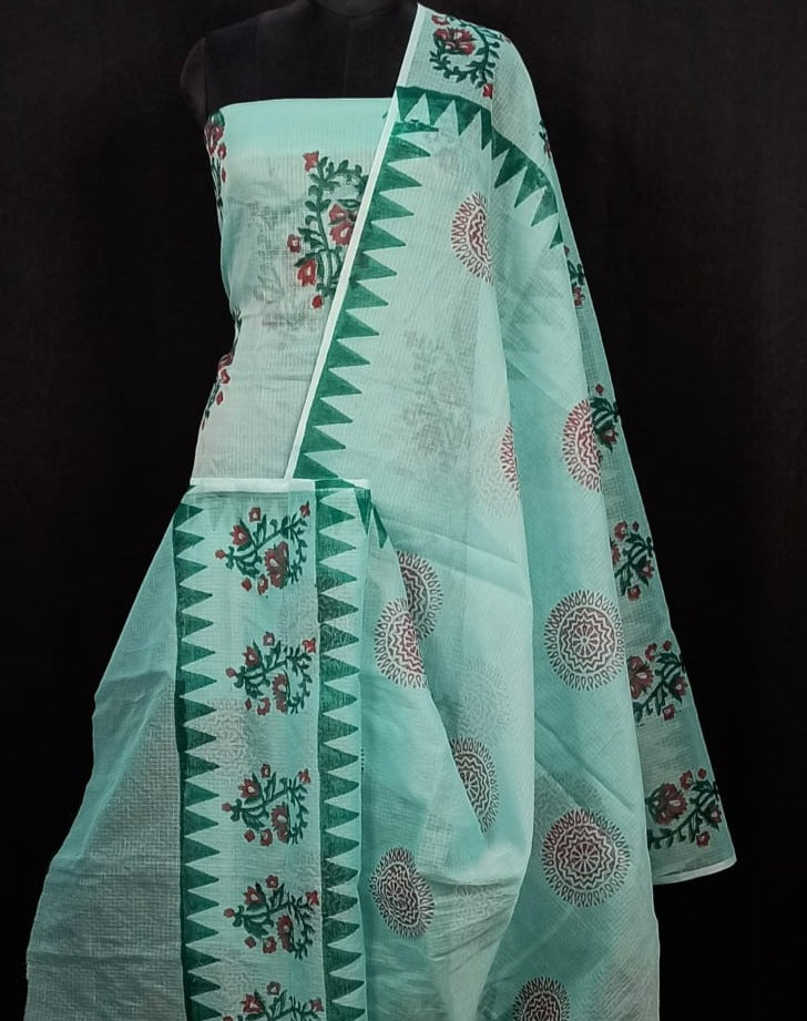 Sea Green Kota Doria Hand Block Print Suit,kota doria suits online shopping
