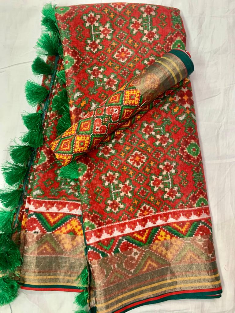 Red Linen Saree With Patola Print
