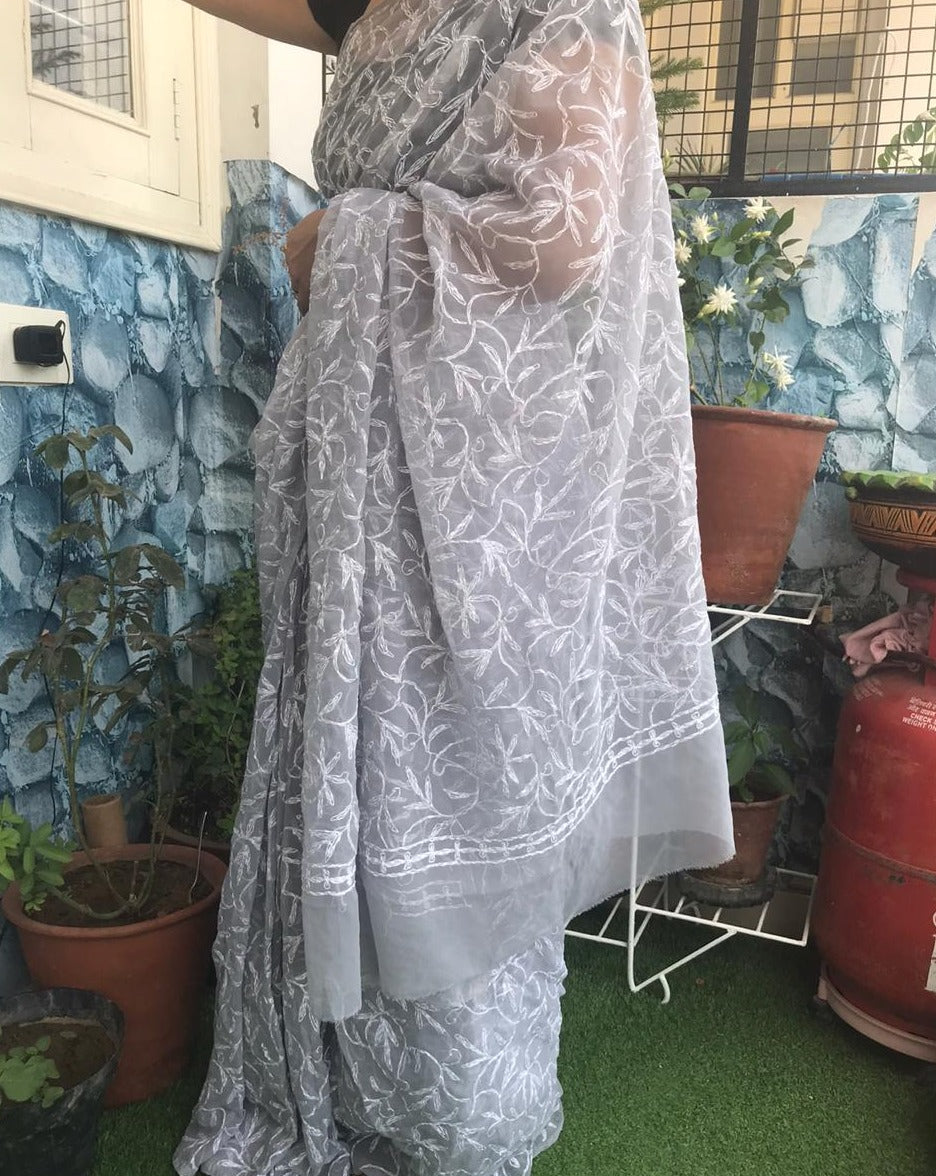 Grey Lucknowi Tepechi Work Saree,Chikankari saree from lucknow, Chikankari saree online
