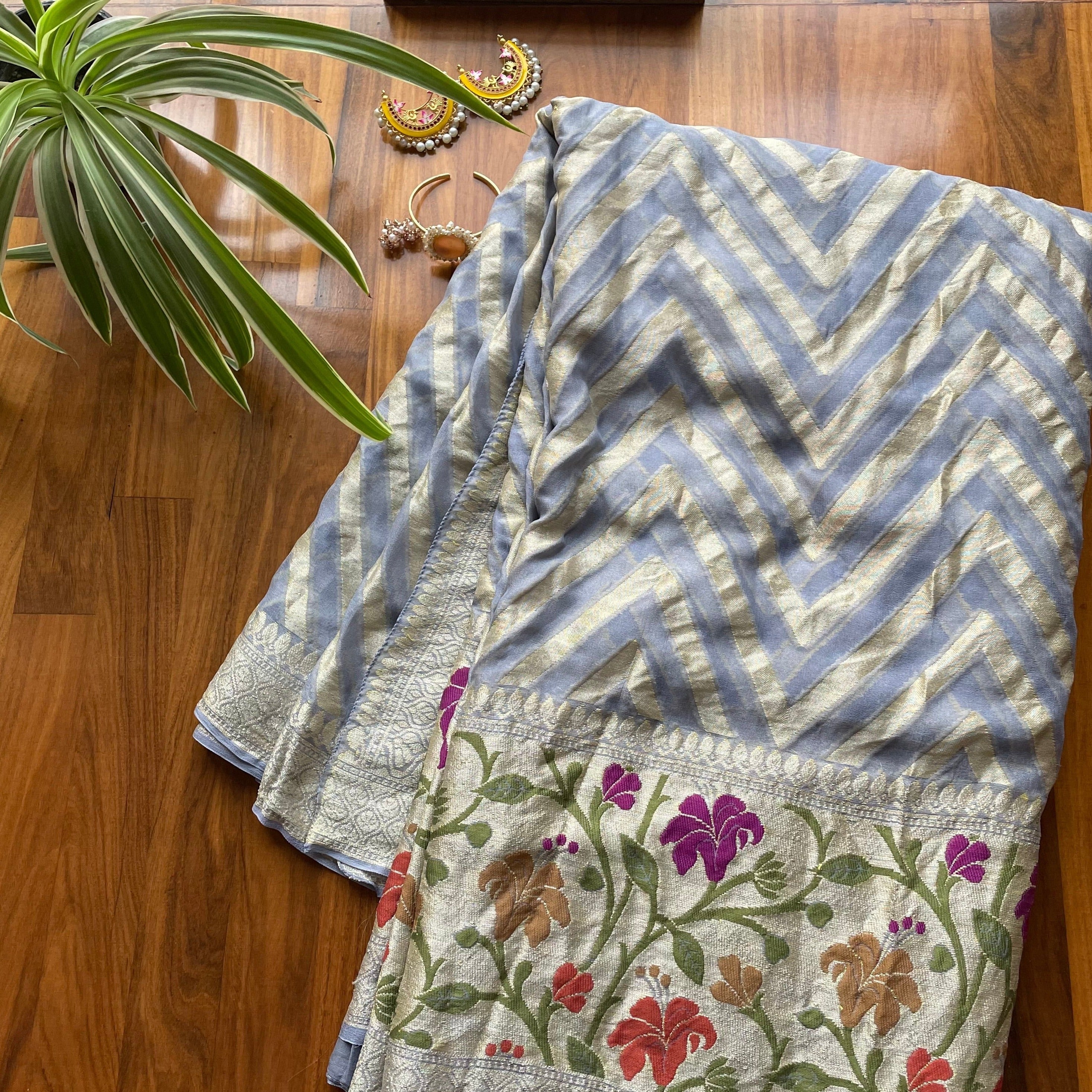 Cloud Grey Banarasi Chiffon Sari with Meenakari details