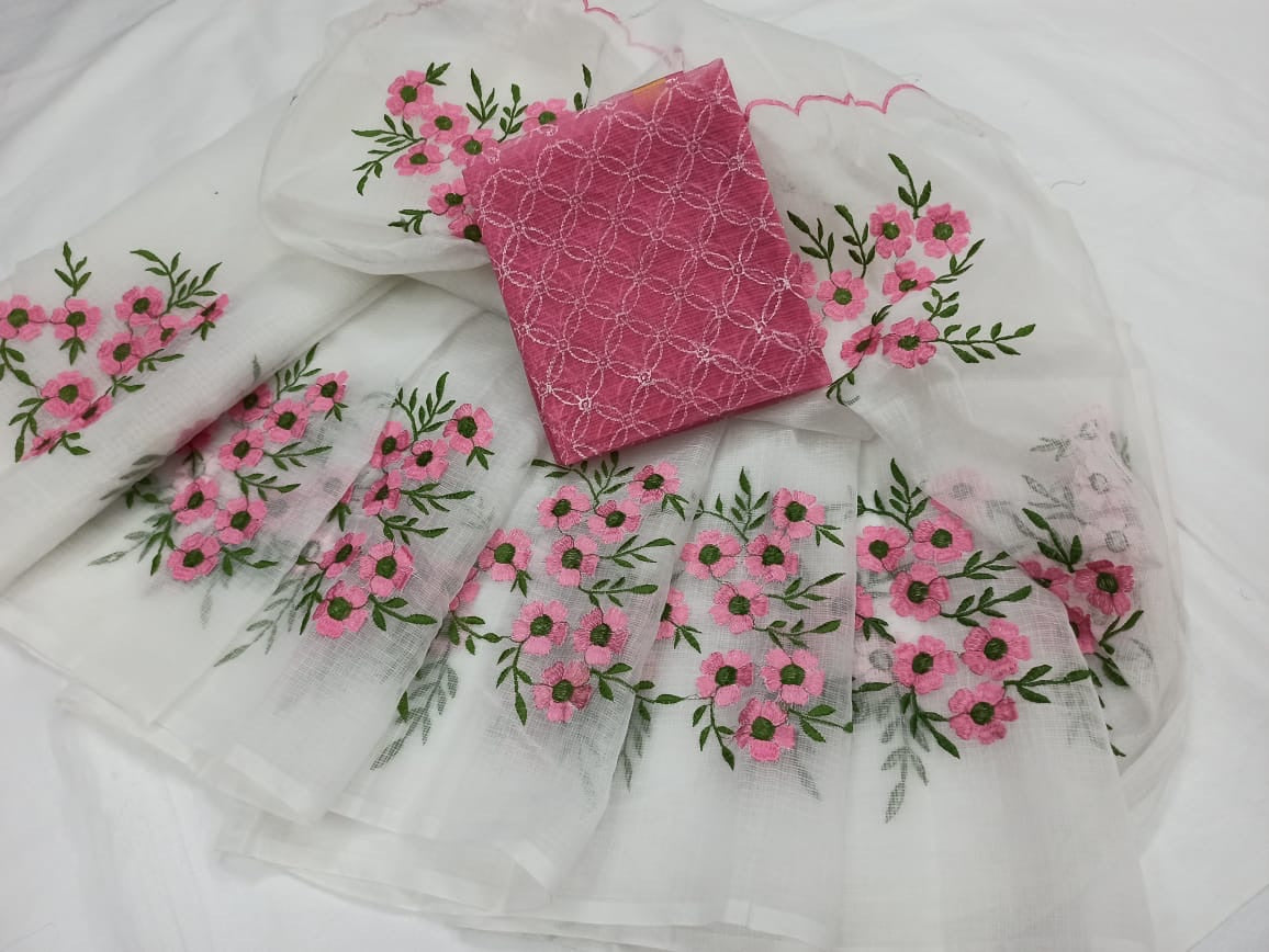 Shop Kota Doria Embroidery Work Sari In White,Kota Sarees Online