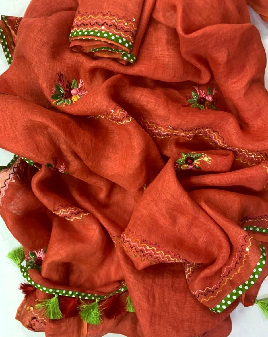Gorgeous Linen Embroidred Saree Rust Orange,Linen Saree, Office Wear Saree At Jhakhas.Com