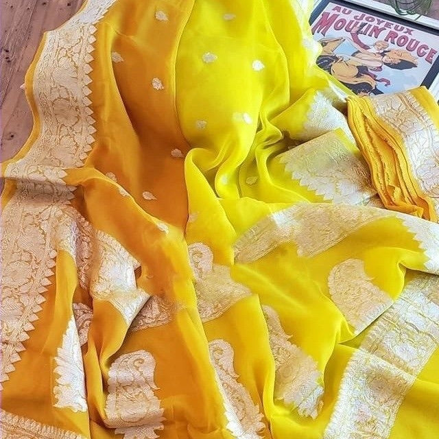 Beautiful Banarasi Khaddi Georgette Sarrree in yellow,Wedding Saree, Indian Sarees, Online Sarees