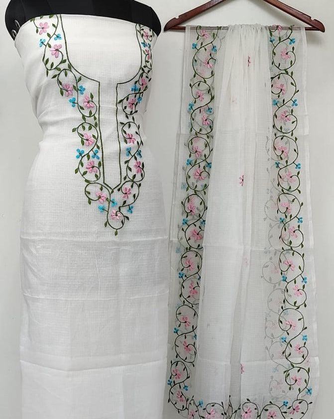 Beautiful Kota Doriya Embroidery Work Suit In White