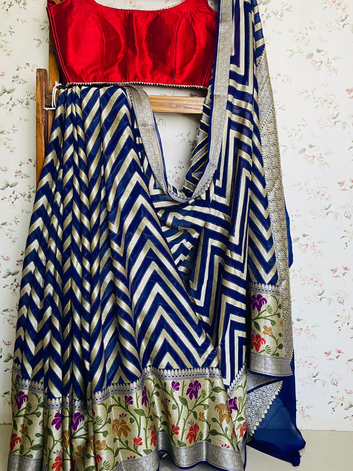 Ink Blue Banarasi Chiffon Sari with Meenakari