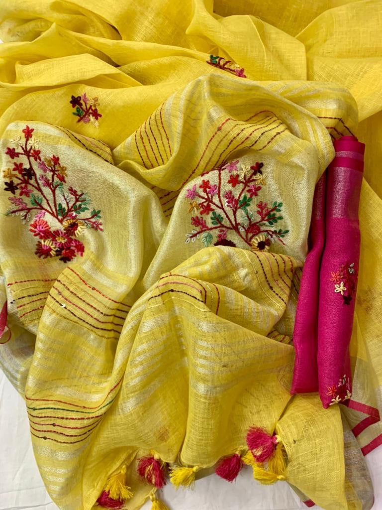 Linen Embroidred Saree Yellow, Traditional Saree , Thread Work , Online Saree