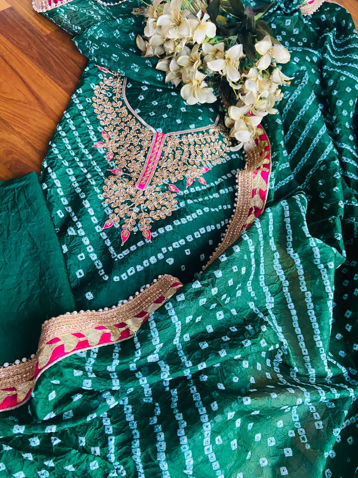 Green Bandhej Silk Gota Work Suit Set Latest Bandhej Hand Gota