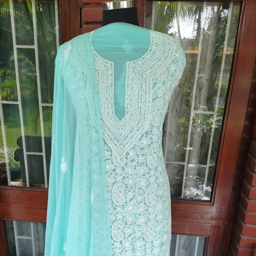 Blue chinkari embroidery kurti Georgette unstitched set