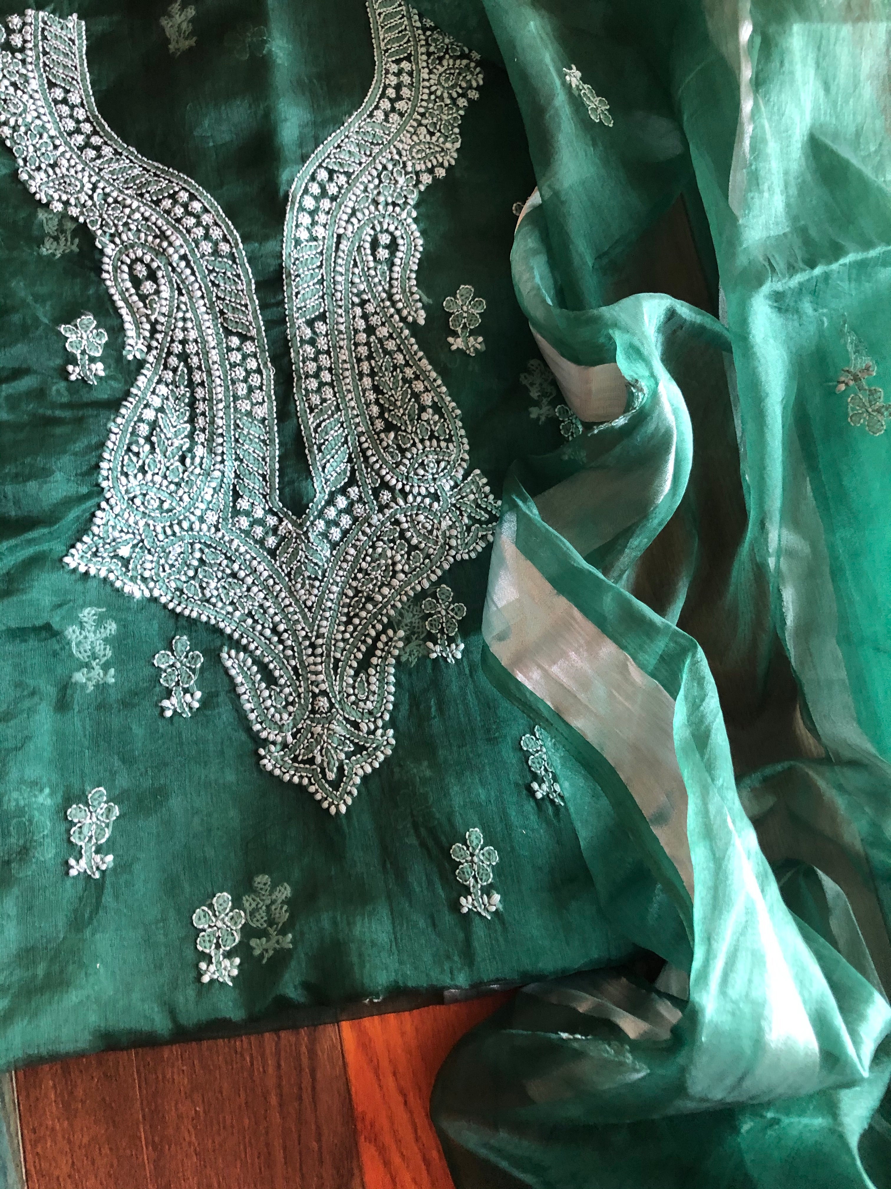 Organza Chikankari Salwar Suit In Green - jhakhas.com