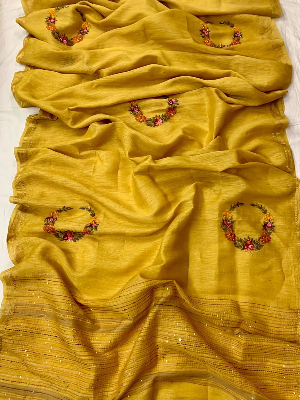 Mustard Pure Linen Embroidred Saree, Pure Fabric Saree, Shop Online At Jhakhas.Com