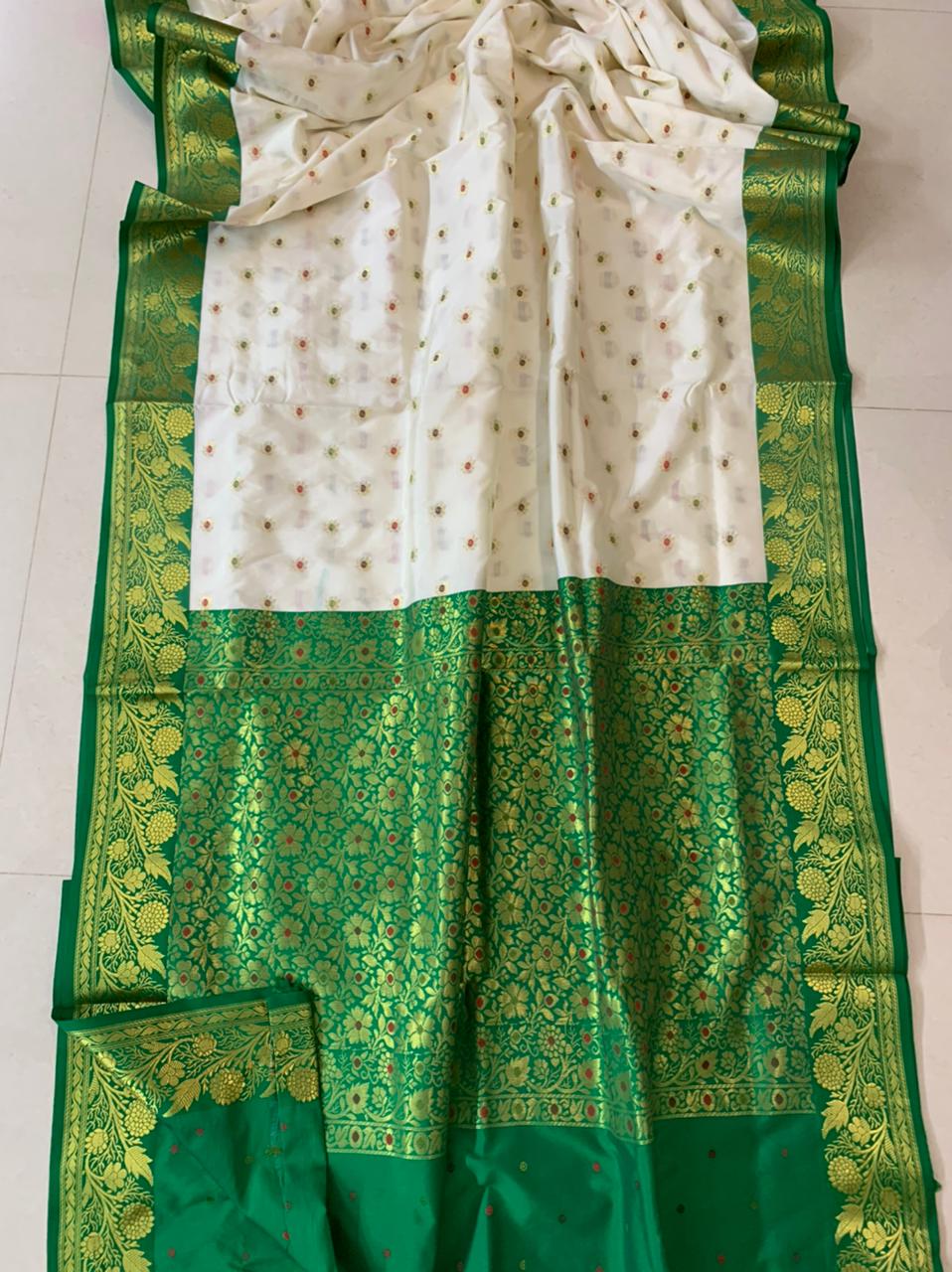 Banarasi Silk Saree In White And Green,Upada Silk Saree,Silk Sarees Online