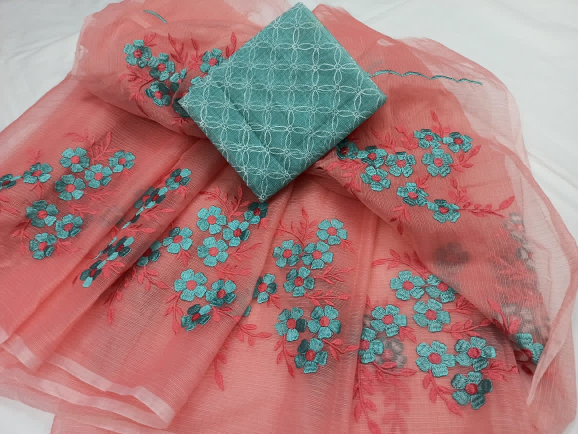 Shop Kota Doria Embroidery Work Sari In Peach, Kota Doria Saree