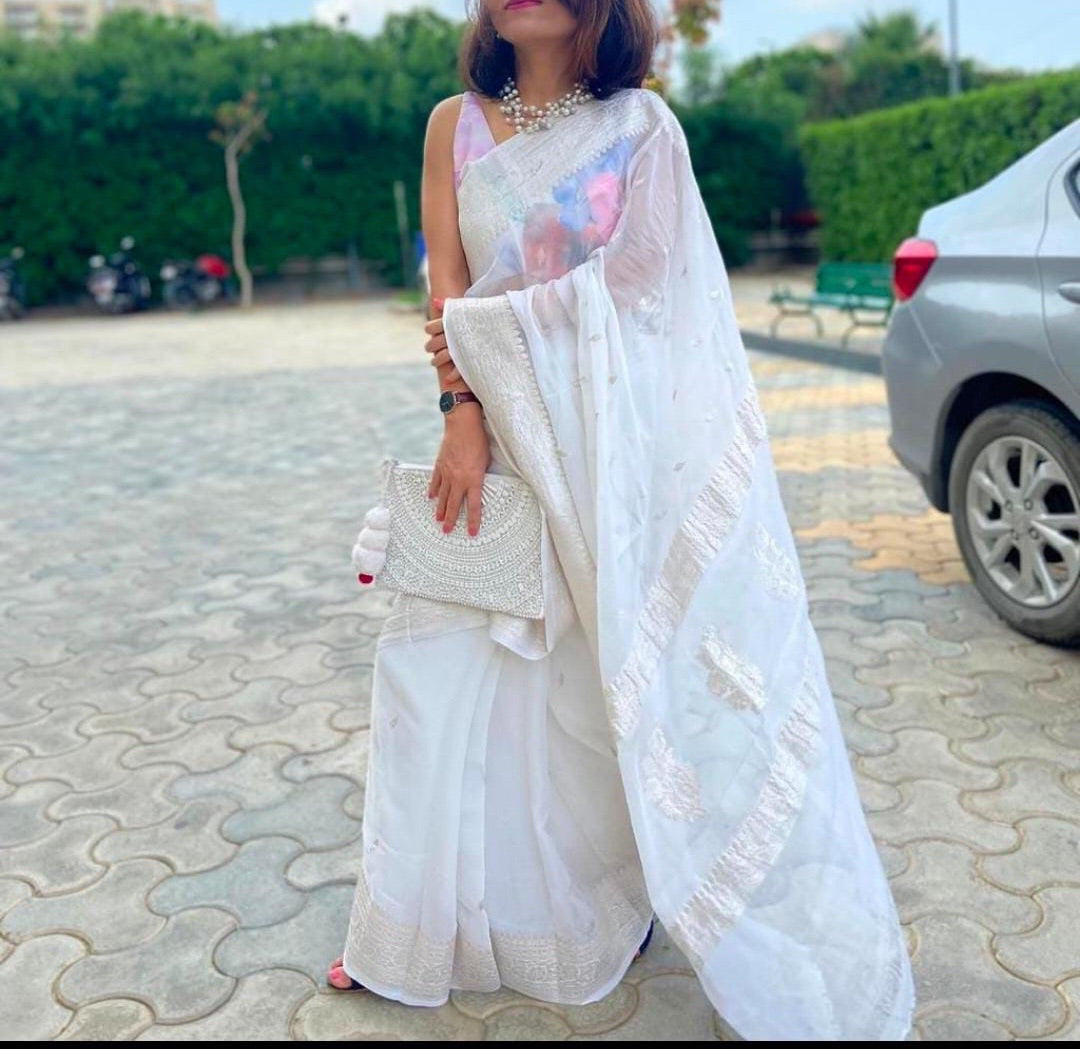Classic White Banarasi Khaddi Georgette Saree,Wedding Saree, Indian Sarees, Online Sarees