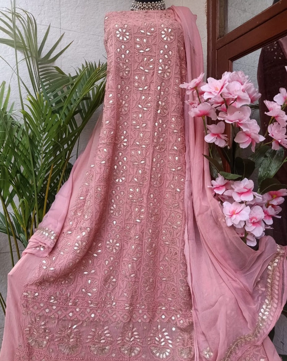 Blush Pink Viscose Salwar Suit with Chikankari and Gota embroidery