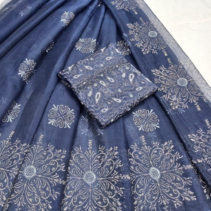 Beutiful Kota Doria Hand Block Saree In Navy Blue, Thread Work Saree , Hand Painted Saree , Online Saree
