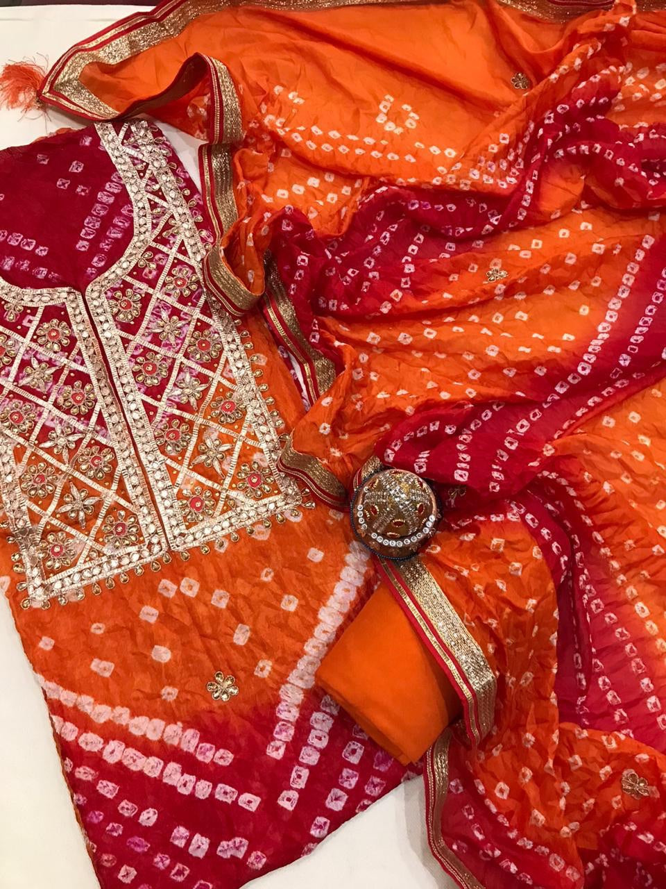 Jaipuri Bandhej Suits Online Shopping Orange Heavy Bandhani Suit