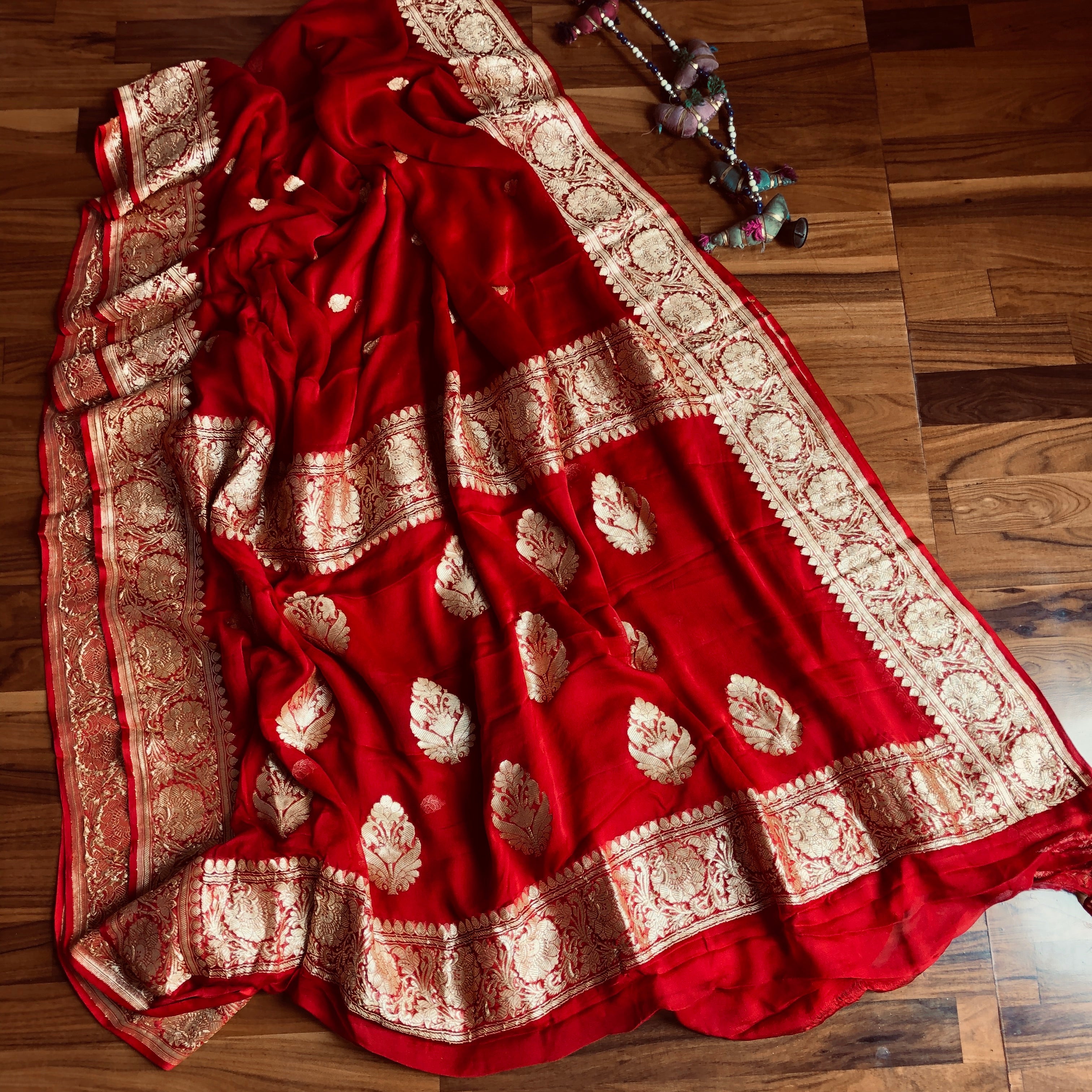 Bridal Red Buti Jaal Khaddi Chiffon Banarasi Saree