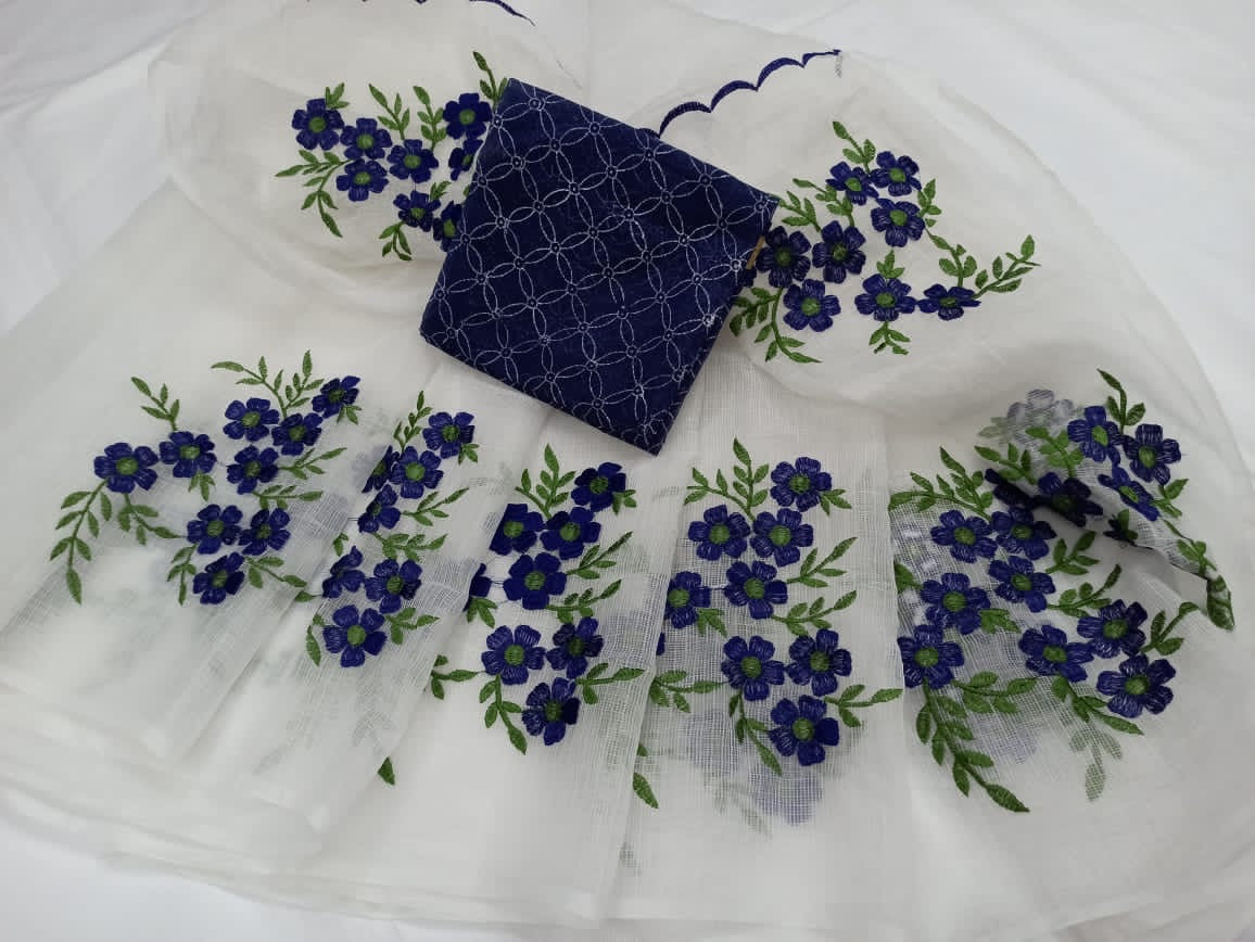 Buy White Kota Doria Embroidery Work Saree,Kota Sarees Online