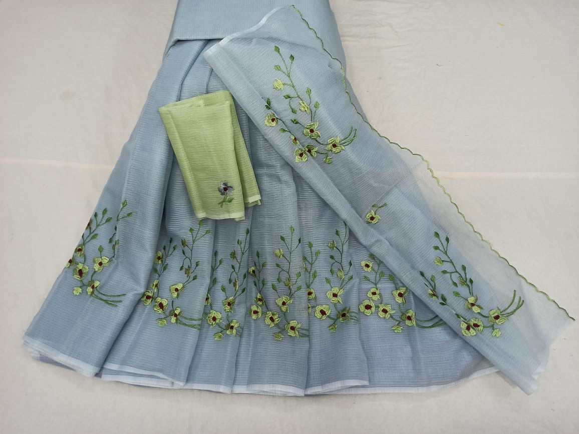 Buy Grey Kota Doria Embroidery Work Saree, Kota Saree