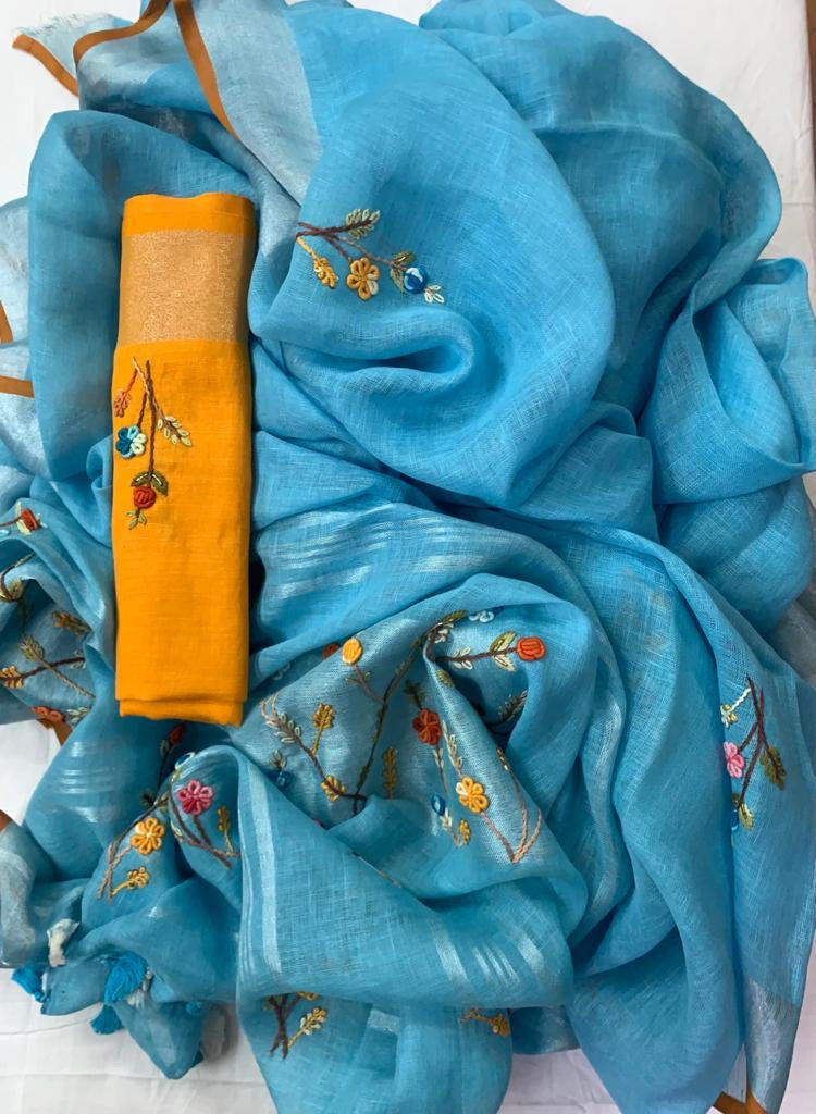 Linen Saree In Sky Blue,Linen Saree, Office Wear Saree At Jhakhas.Com