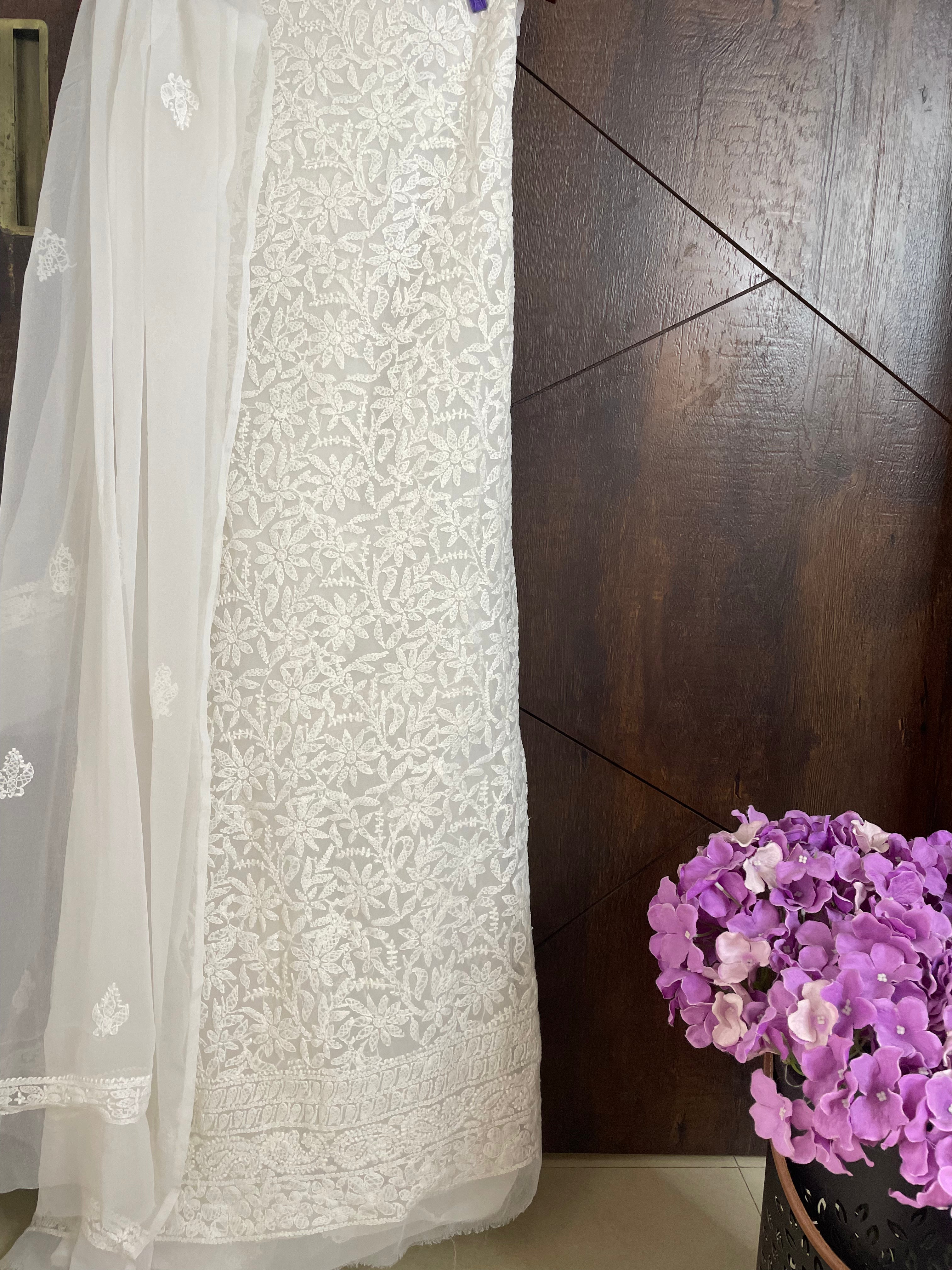 Pearl white chikankari salwar suit set Georgette