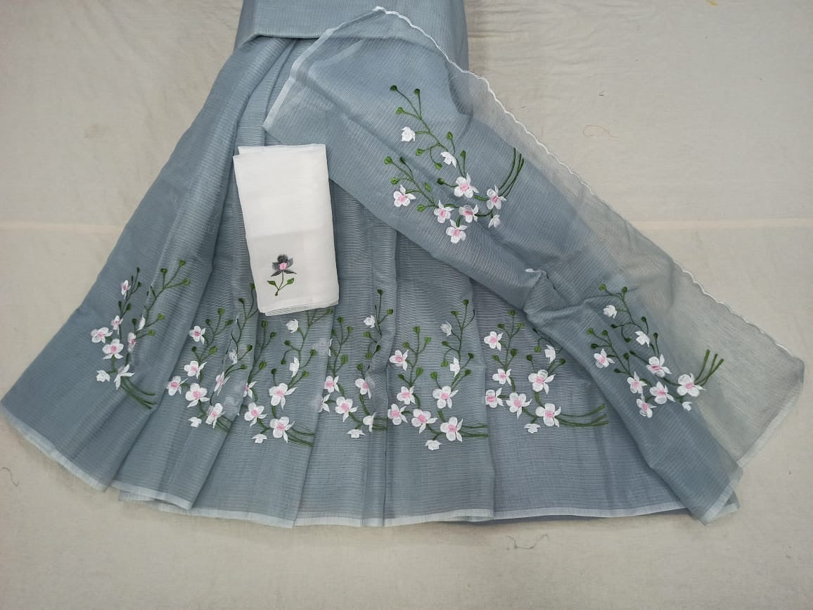 Shop Kota Doria Embroidery Work Sari In Grey, Kota Doria Sarees