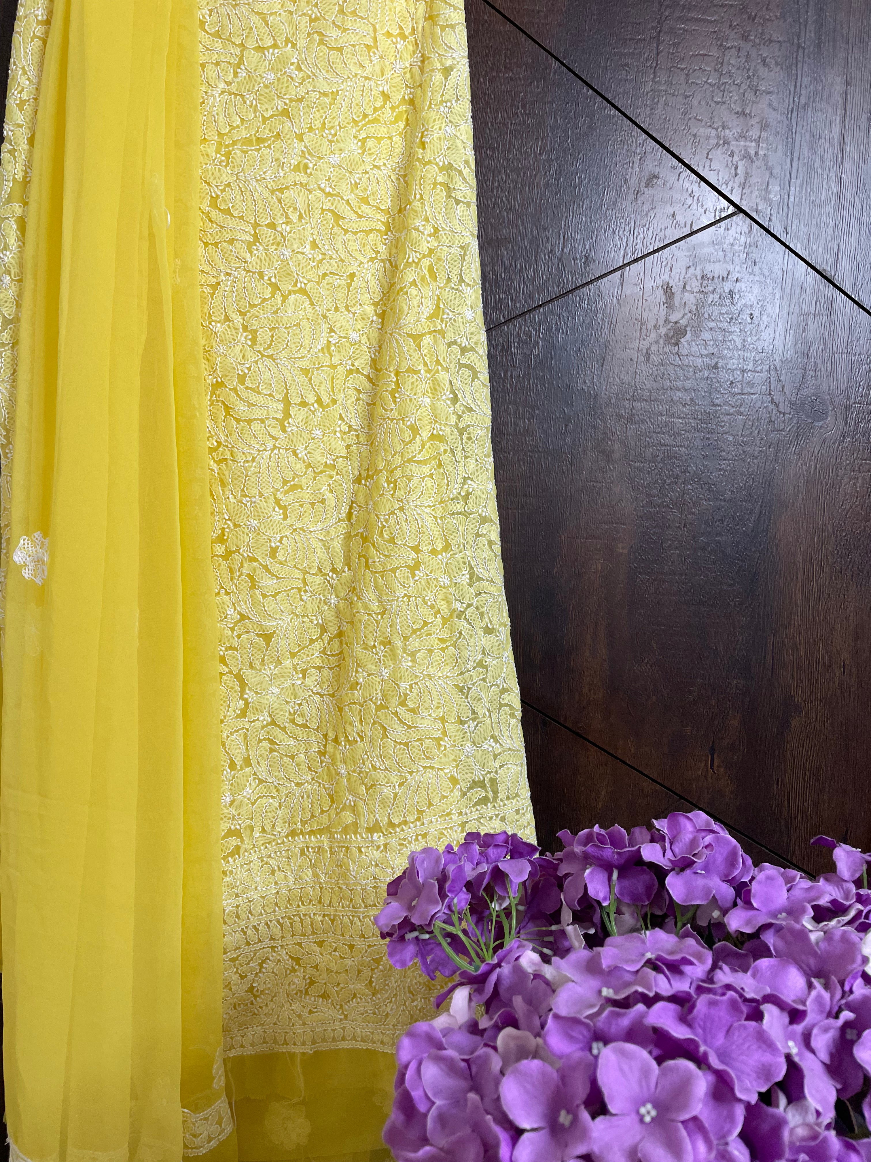 Yellow Georgette Lakhnawi work kurti Salwar set