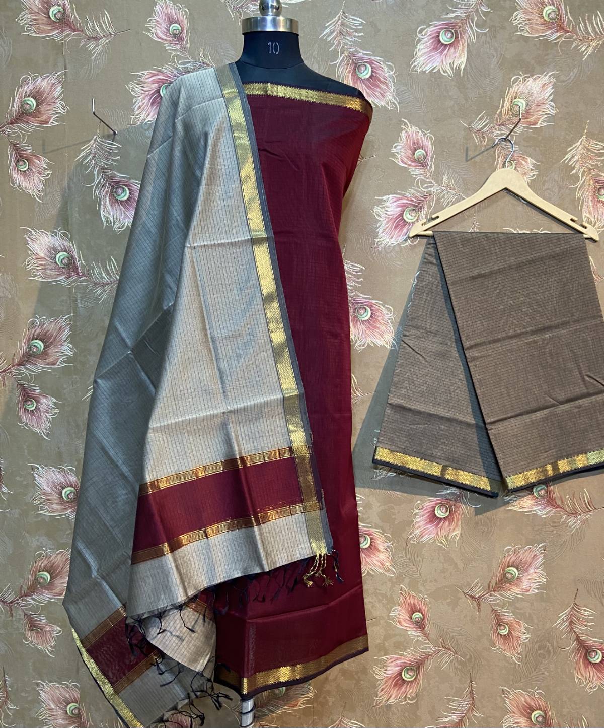 Maroon and Grey Maheshwari salwar suit