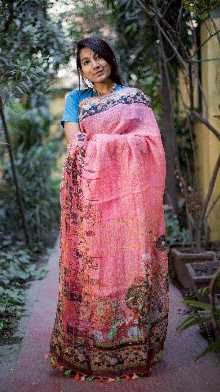 Pink Digital Print Linen Saree