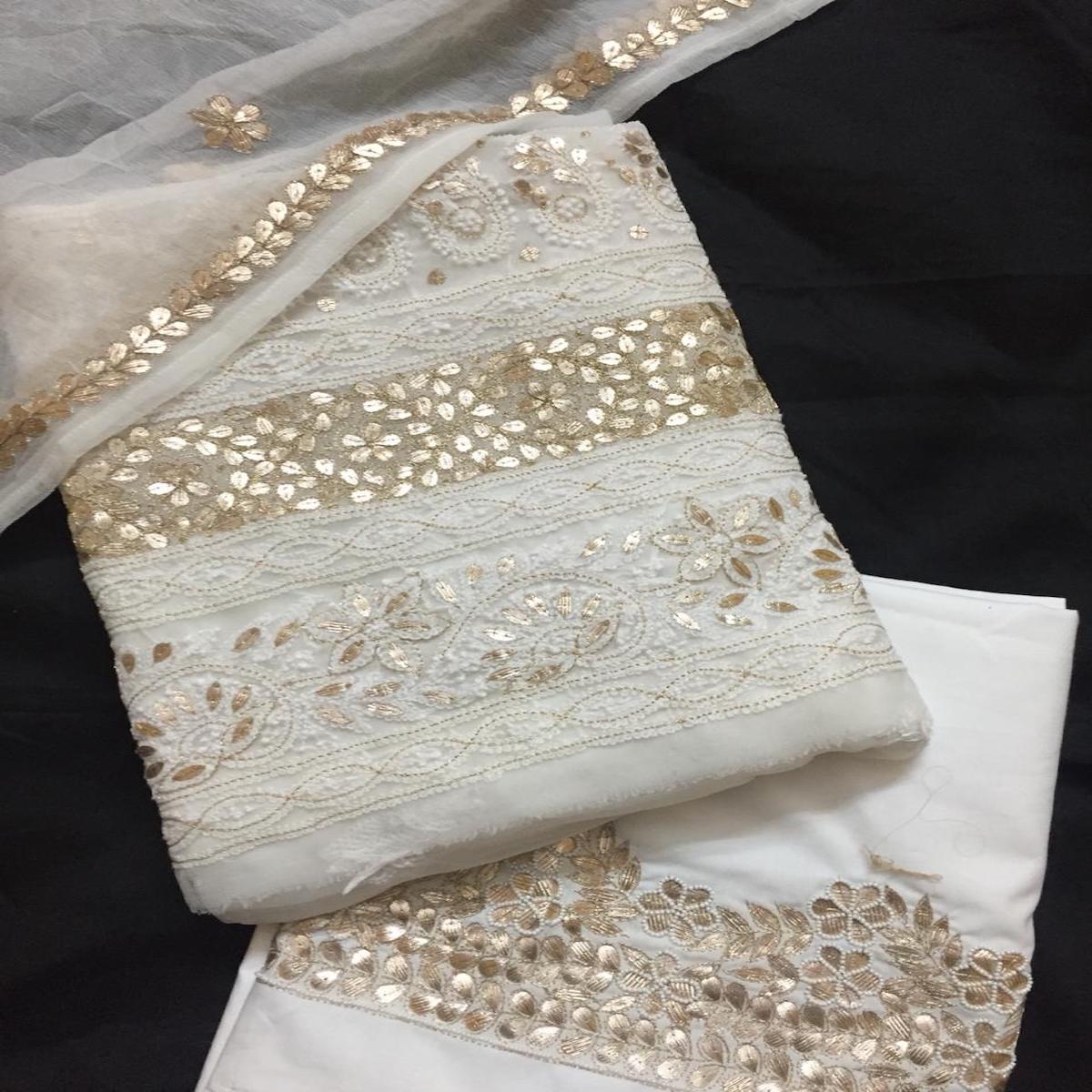 White chikan work gota patti salwar suits