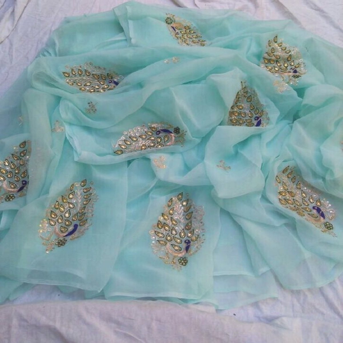 Kundan Work Pure Chiffon Sari In Blue,Shop Now,Rajputi Chiffon Saree,Grab Now,Leheriya Saree