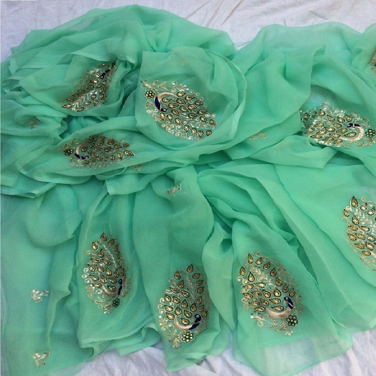 Kundan Work Pure Chiffon Saree In Sea Green,Get This,Rajasthani Saree,Have Now,Wedding Wear Saree