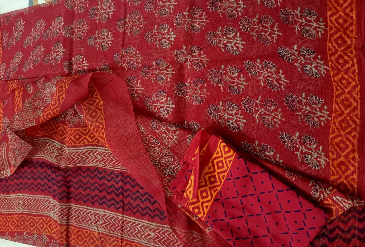 Pure Cotton Kota Doria Block Printed Saree with Zari Border, White, SR –  Scarlet Thread