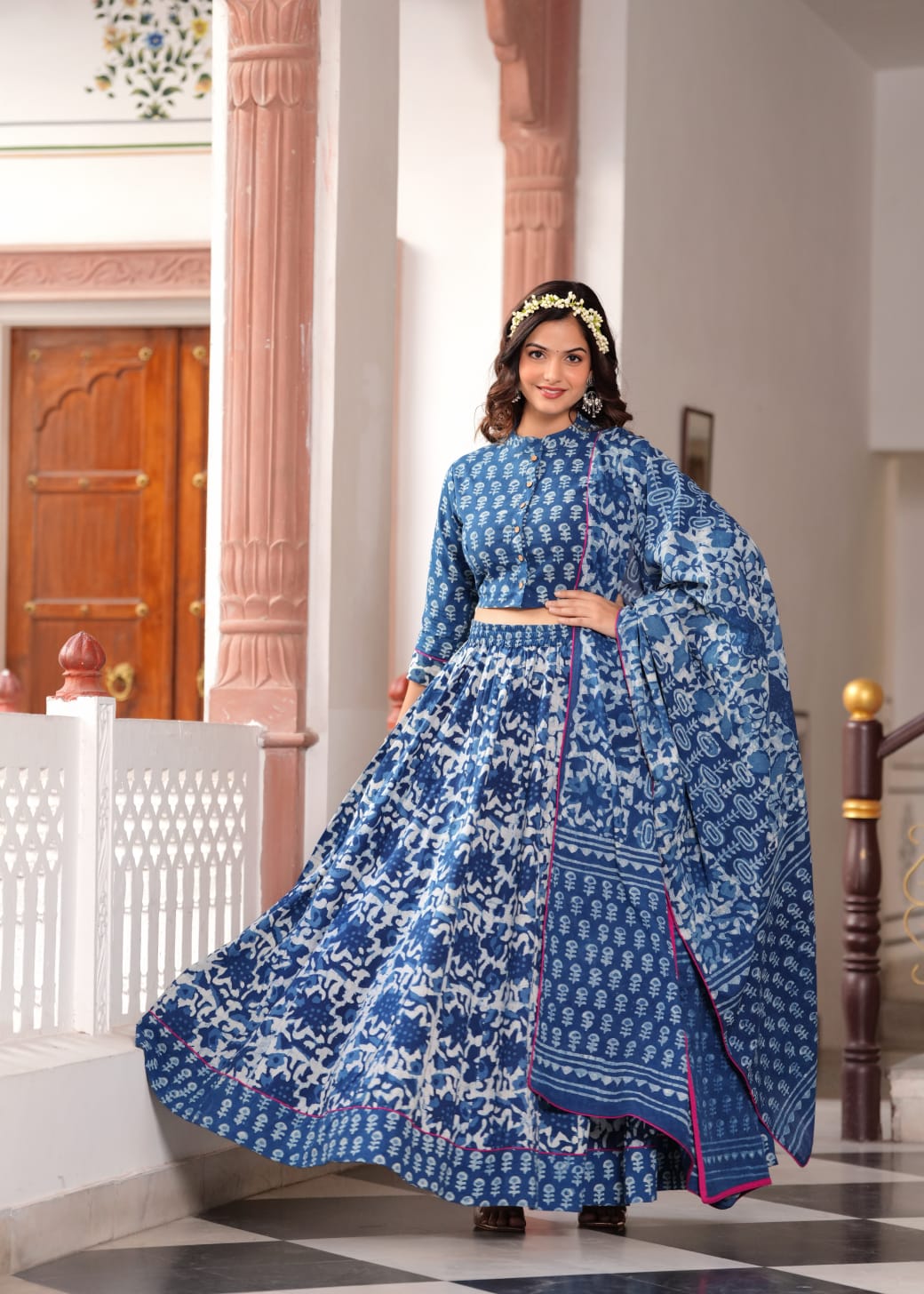 Indigo Bagru Print Flora lehenga choli Set