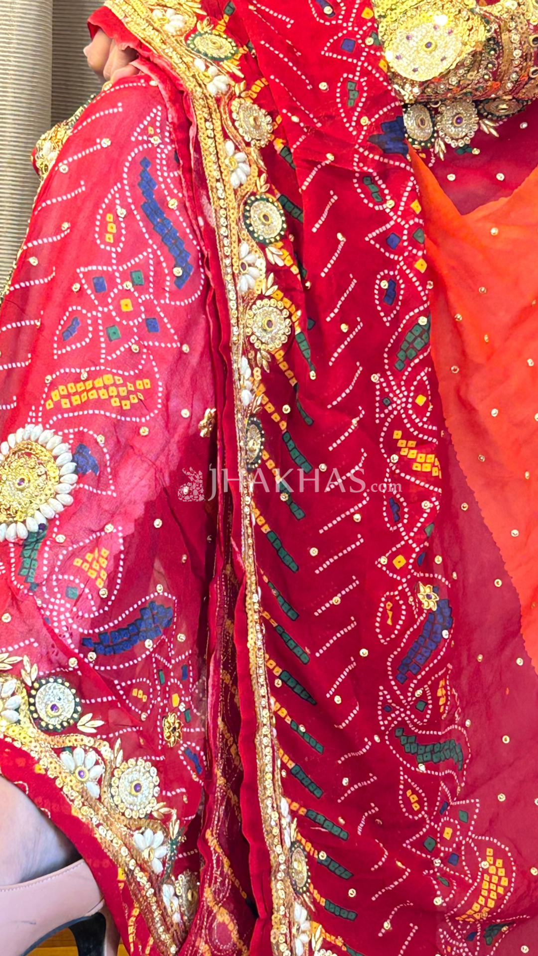 Buy Red and Orange Bandhej Marwadi chunri Online For Bride 
