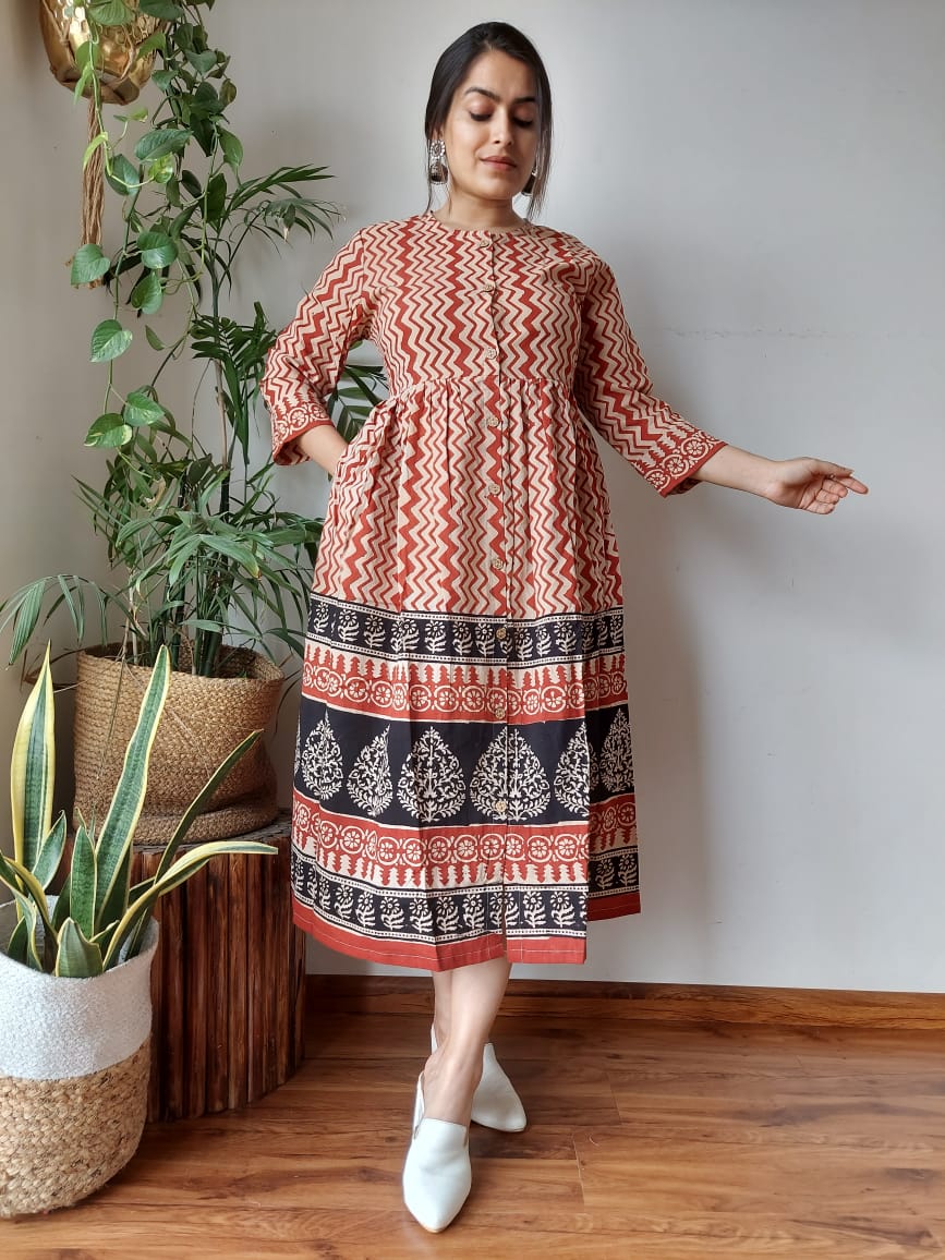 Red Bagru Print Cotton Dress