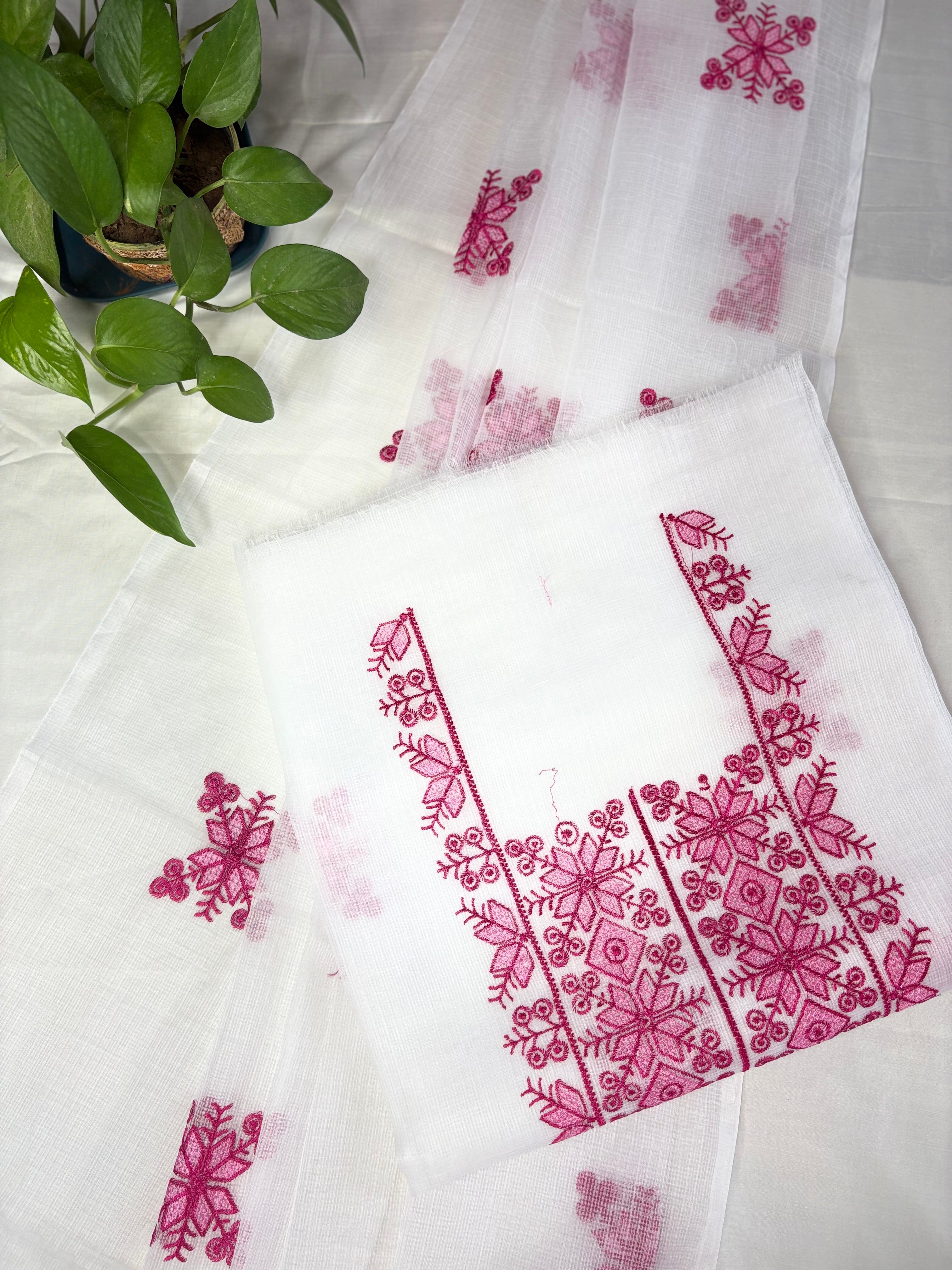 Chanda- Beautiful Kota Doria Suit In white Colour With pink Embroidery Work