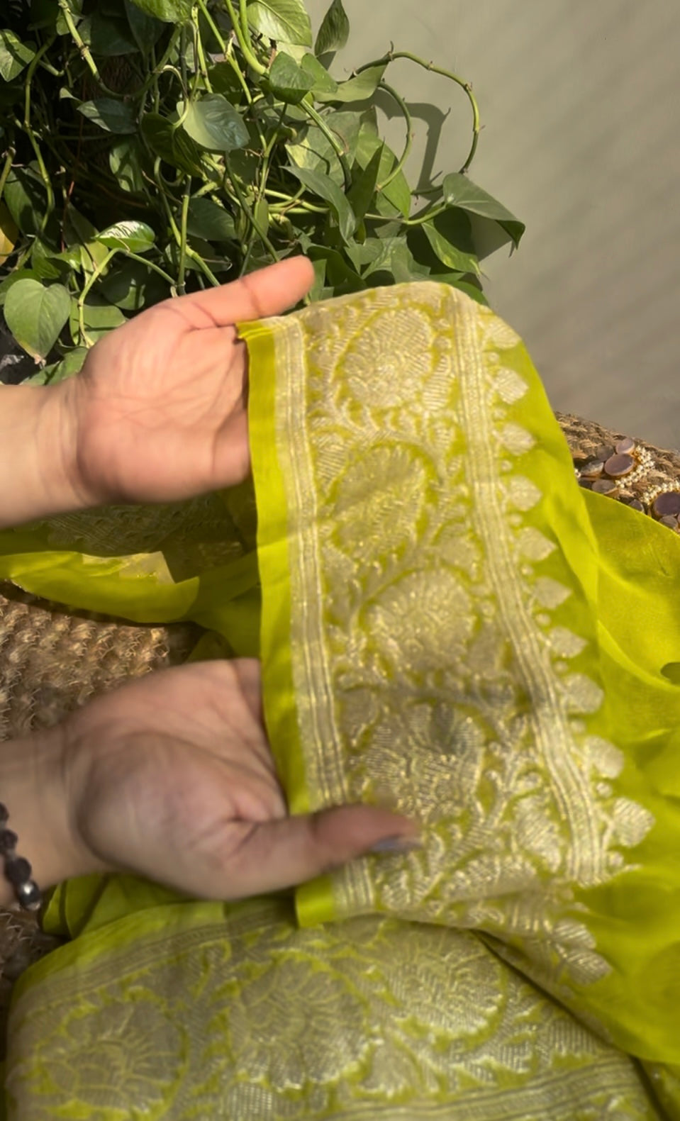 Lemon Green Banarasi Khaddi Saree