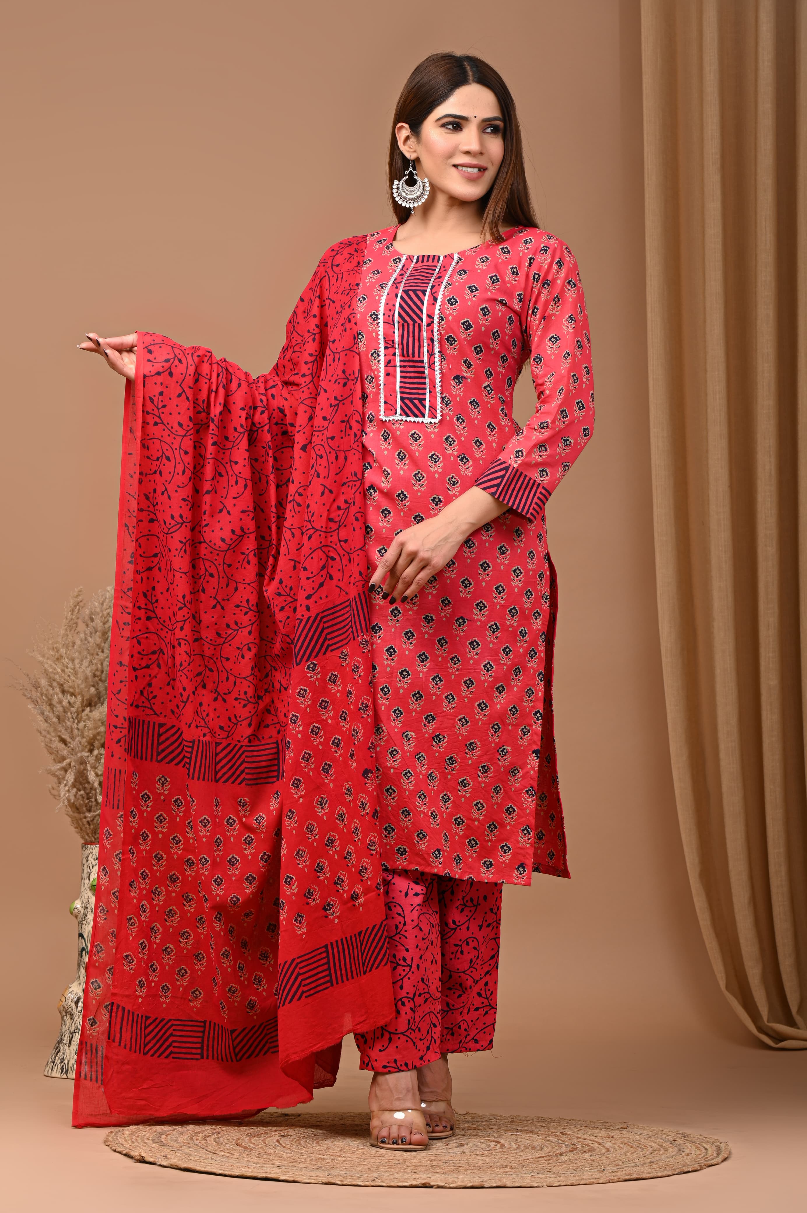 Red Block Print Suit Set With Dupatta