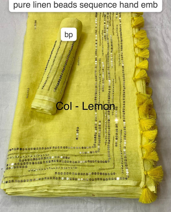 Lemon Yellow Pure Linen Saree With Embroidery